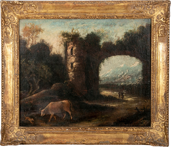 A beautiful unsigned pastural oil painting on canvas presented in a gilded carved frame